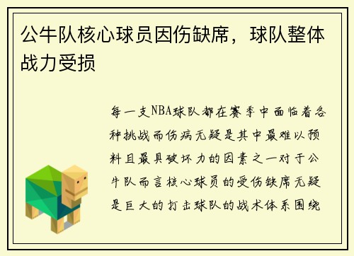 公牛队核心球员因伤缺席，球队整体战力受损